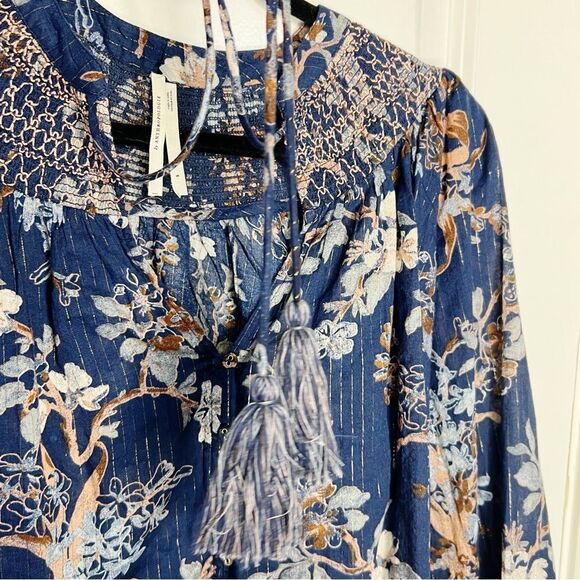 By Anthropologie Long-Sleeve Smocked Lurex Top Size S Blue Floral Print boho - Picture 10 of 13